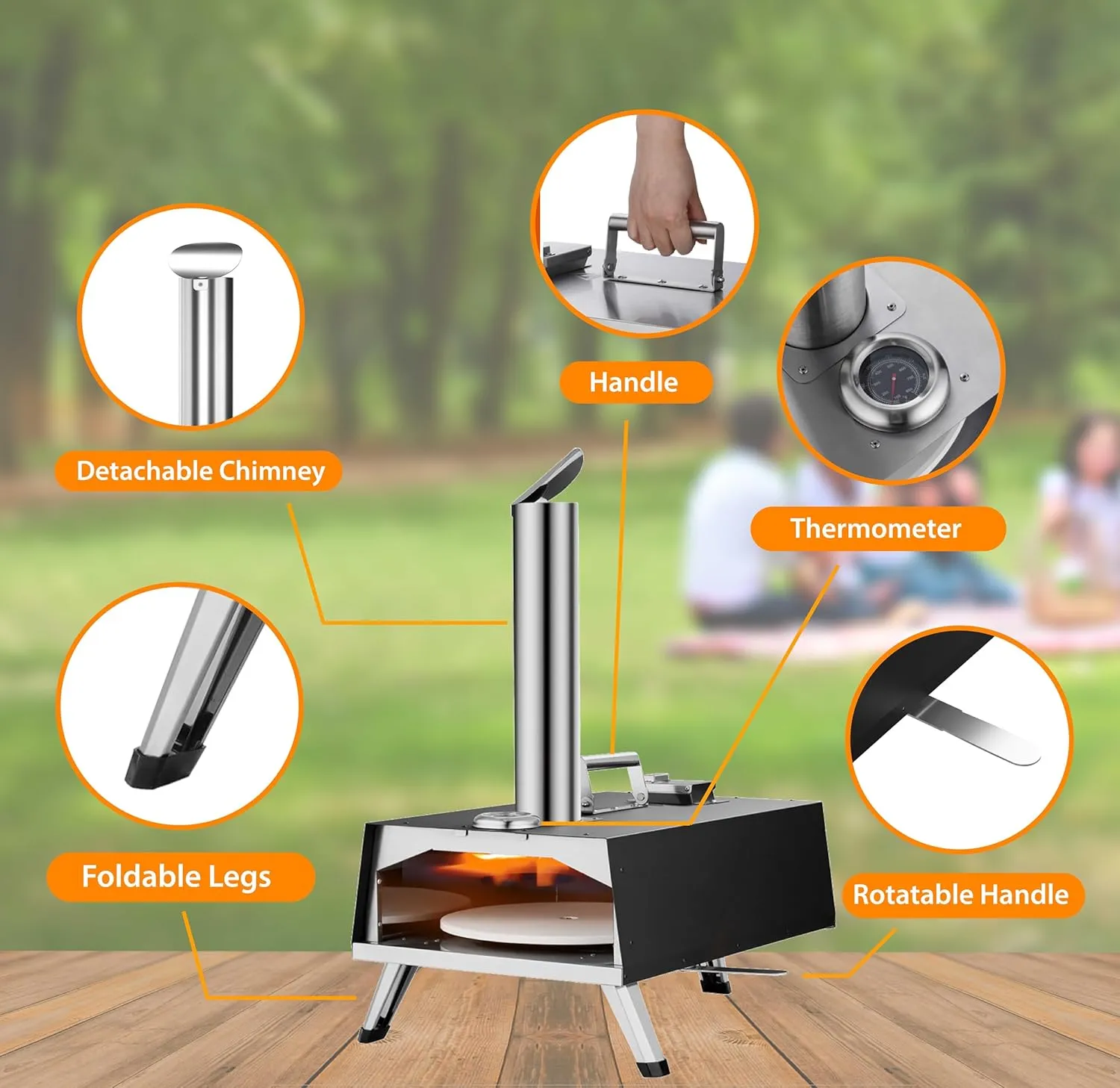12" Portable Wood Pellet Pizza Oven With Rotating Function - Black