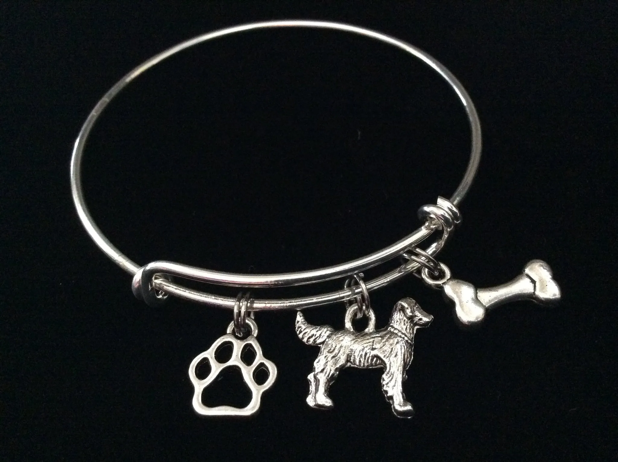 3D Dog Charm on a Silver Expandable Adjustable Bangle Bracelet Meaningful Dog Lover Gift