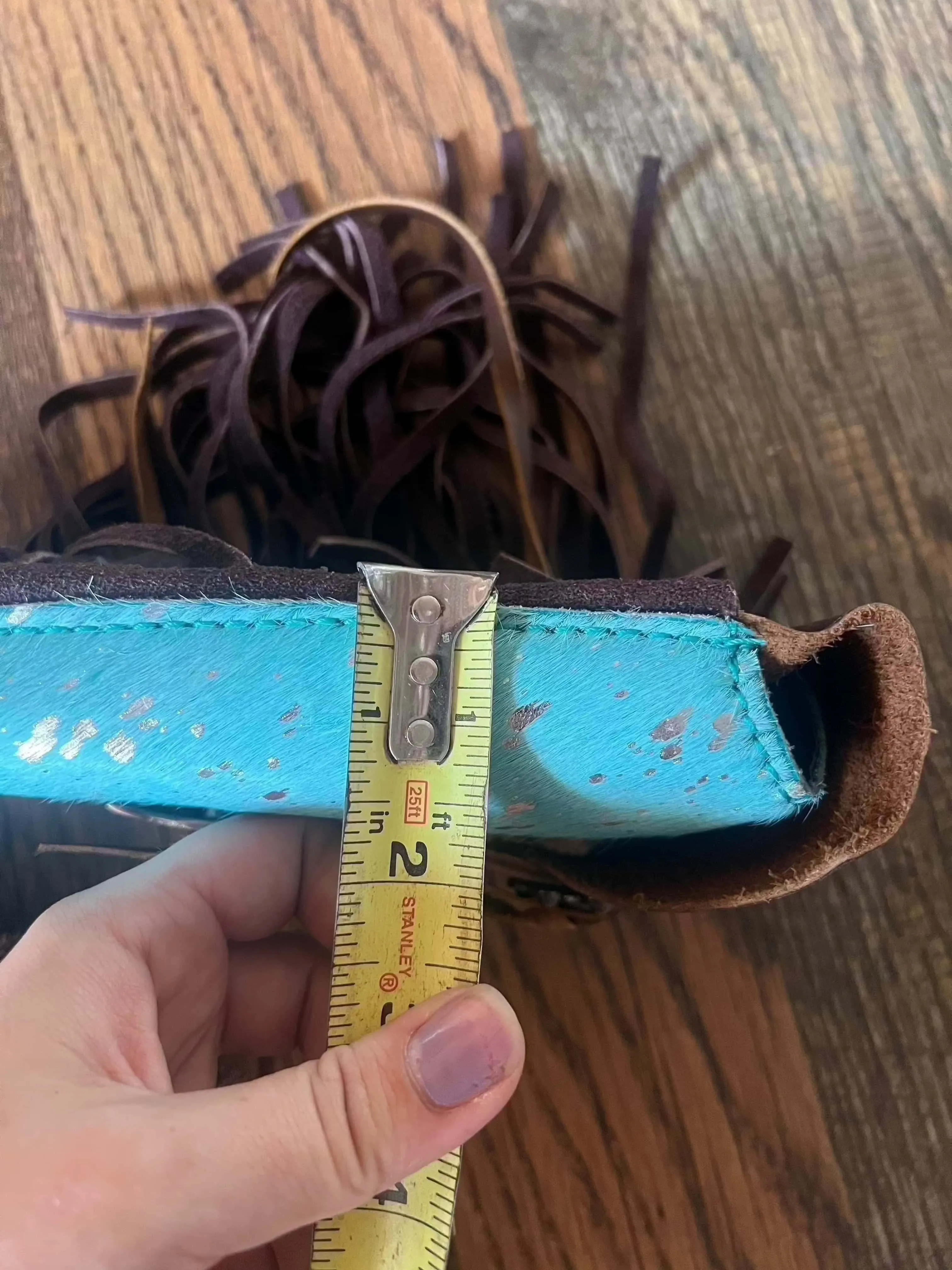 Acid Wash Teal Hair on Cowhide Saddle Bag Rear Cinch