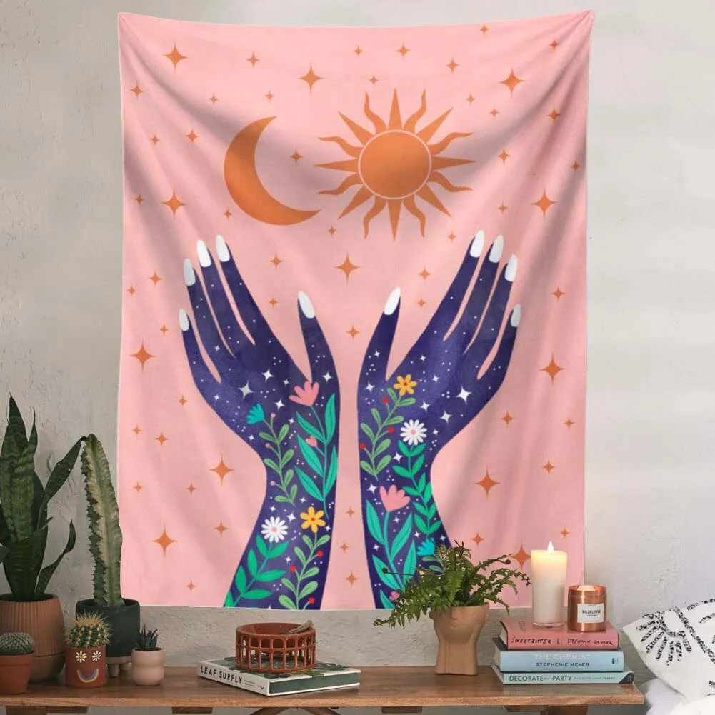 Aesthetic Hand Tapestry Wall Hanging Flower Leaf Plant Moon Abstract Art Tapestries for Bedroom Home Decor