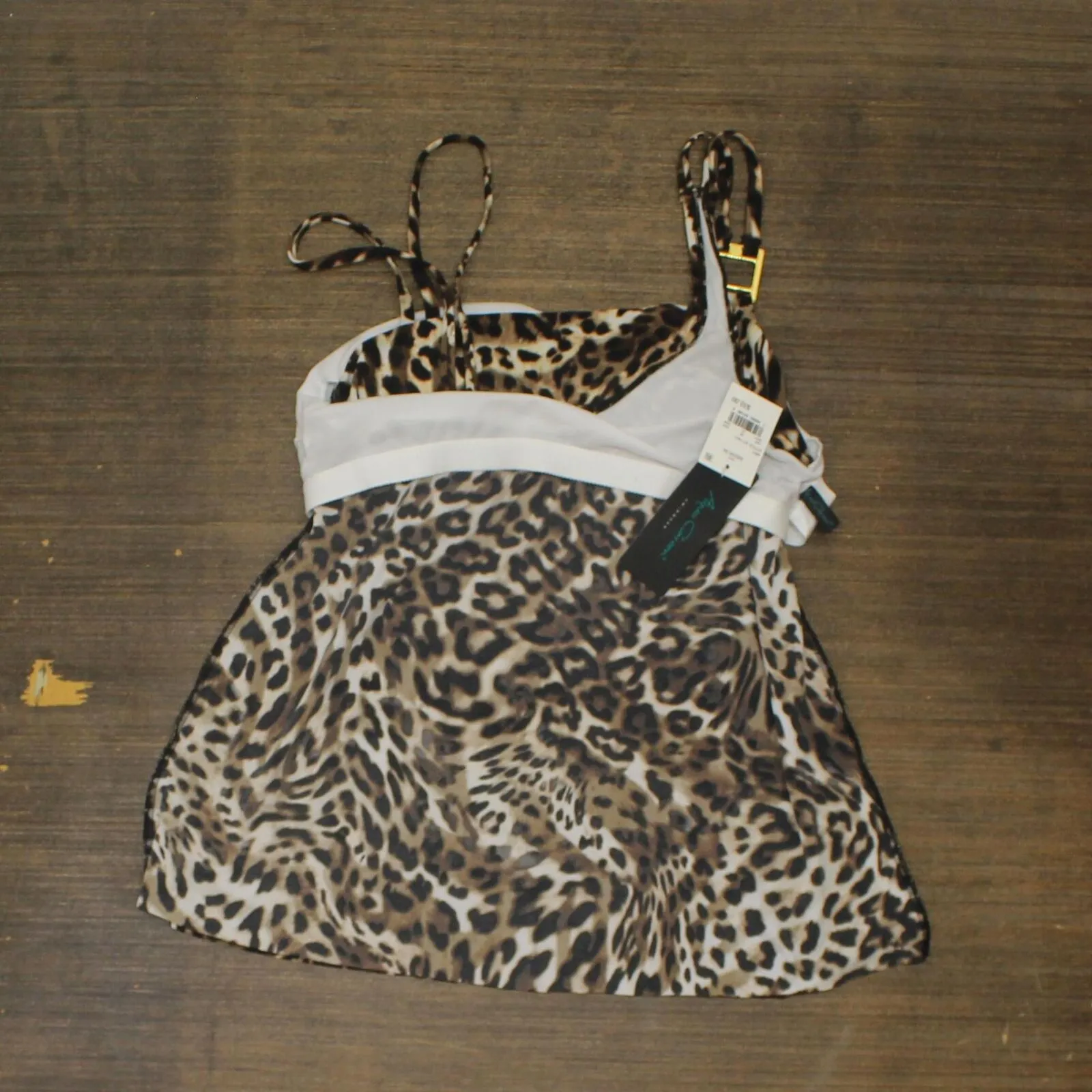 Aqua Green Double Strap Asymmetrical One Shoulder Tankini Top Animal Brown M