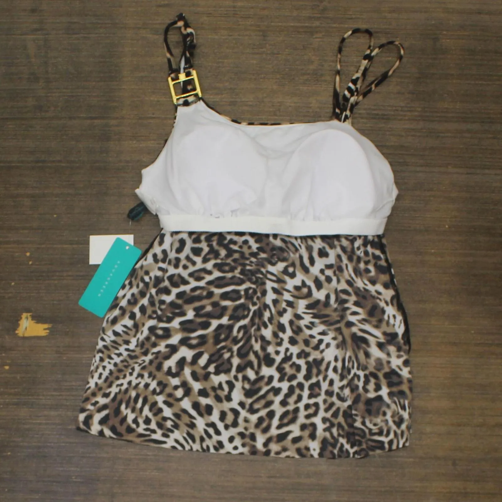 Aqua Green Double Strap Asymmetrical One Shoulder Tankini Top Animal Brown M