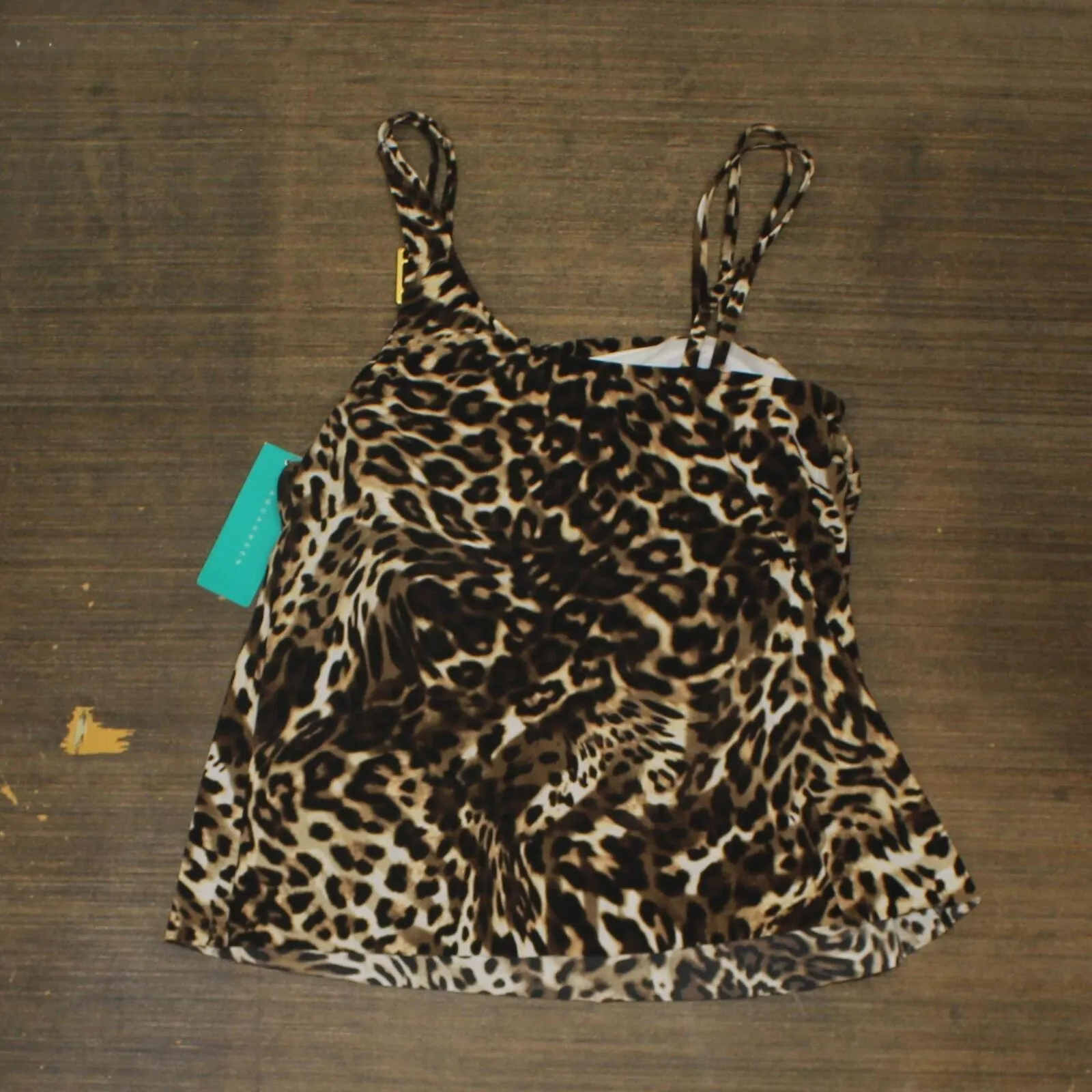 Aqua Green Double Strap Asymmetrical One Shoulder Tankini Top Animal Brown M
