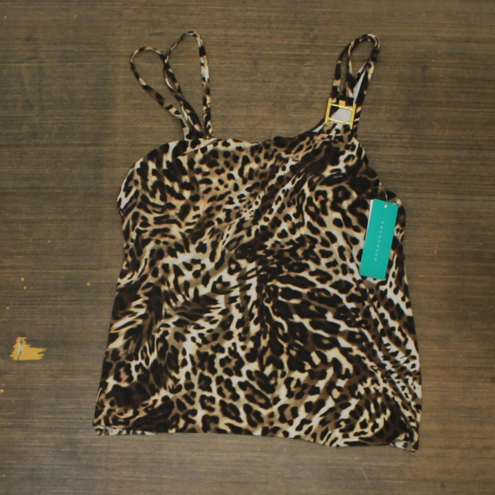 Aqua Green Double Strap Asymmetrical One Shoulder Tankini Top Animal Brown M