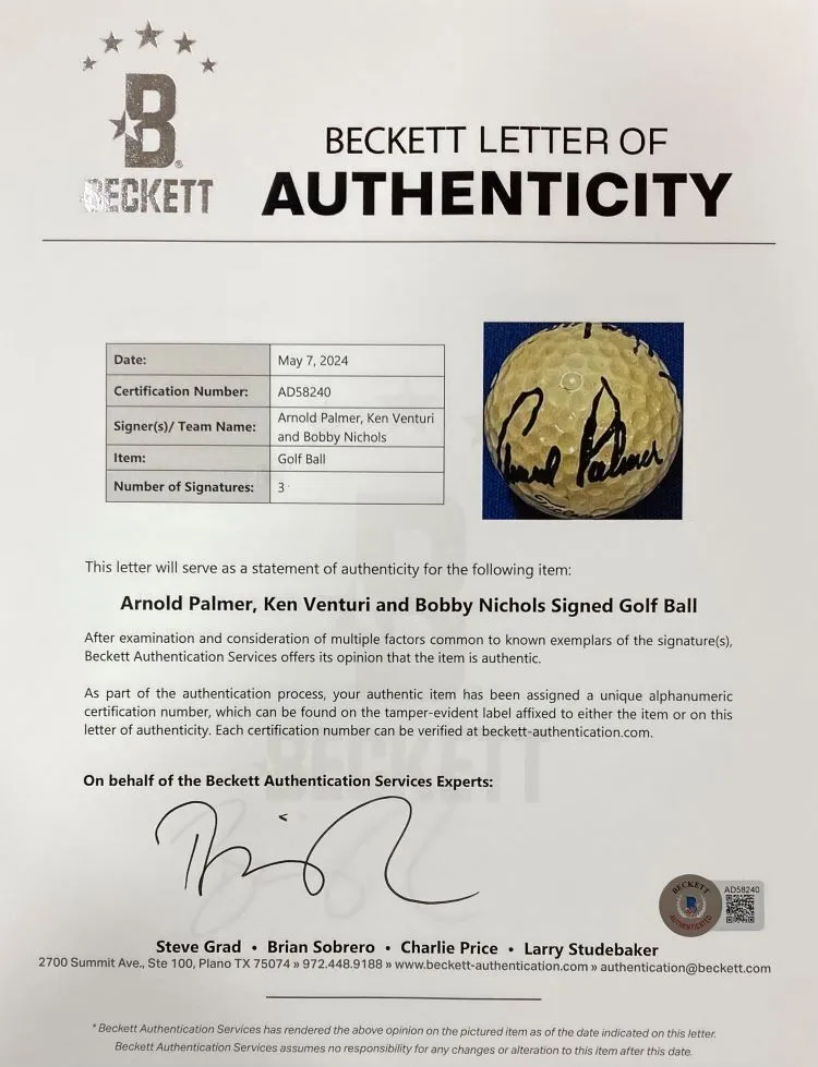 Arnold Palmer Ken Venturi Bobby Nichols Signed Titleist 3 Golf Ball BAS LOA