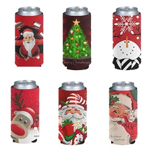BIGCARJOB Christmas 6 PCS Slim Beer Can Cooler Sleeves, Neoprene Insulated Foldable Stubby Holders Beer Cooler Bags Beer Can Sleeve Covers