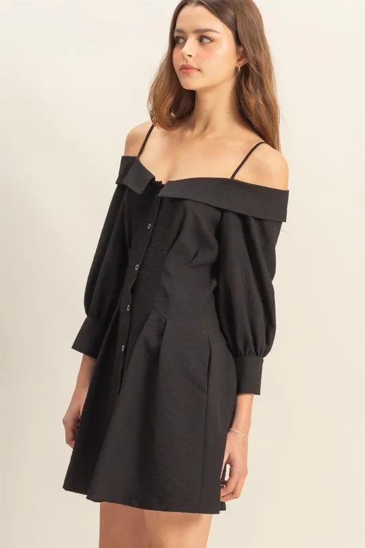 Black Button Down Spaghetti Strap Mini Dress