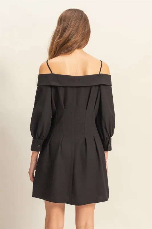Black Button Down Spaghetti Strap Mini Dress