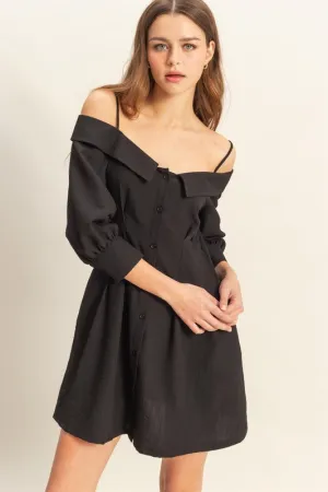Black Button Down Spaghetti Strap Mini Dress