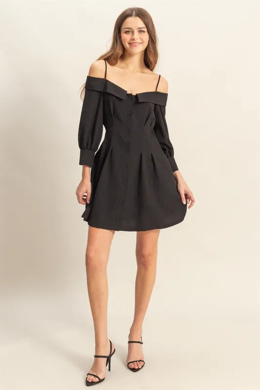 Black Button Down Spaghetti Strap Mini Dress
