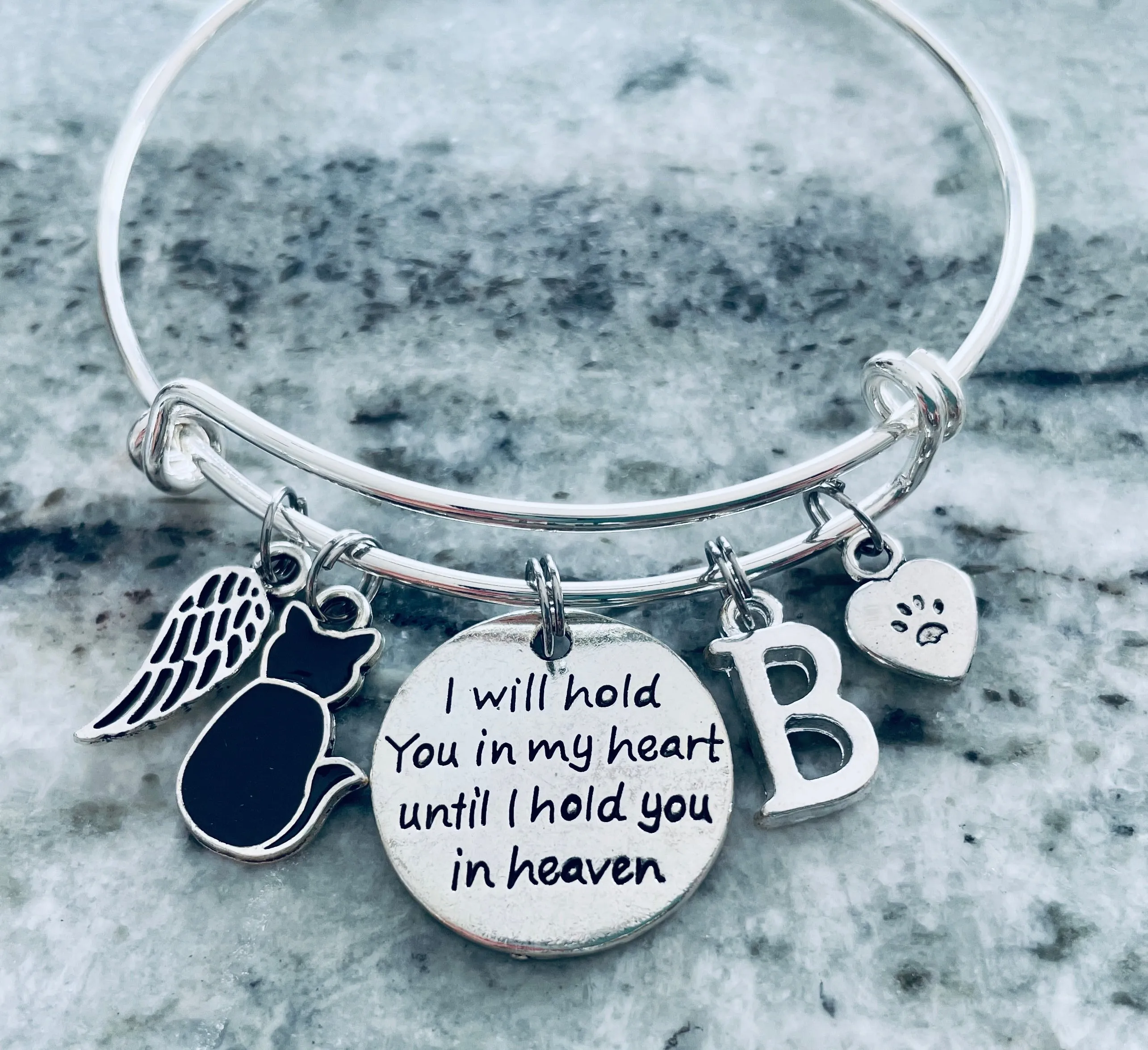 Black Cat I will Hold you in my Heart Pet Memorial Jewelry Adjustable Bracelet Silver Expandable Charm Bangle One Size Fits All Gift Paw Print Heart