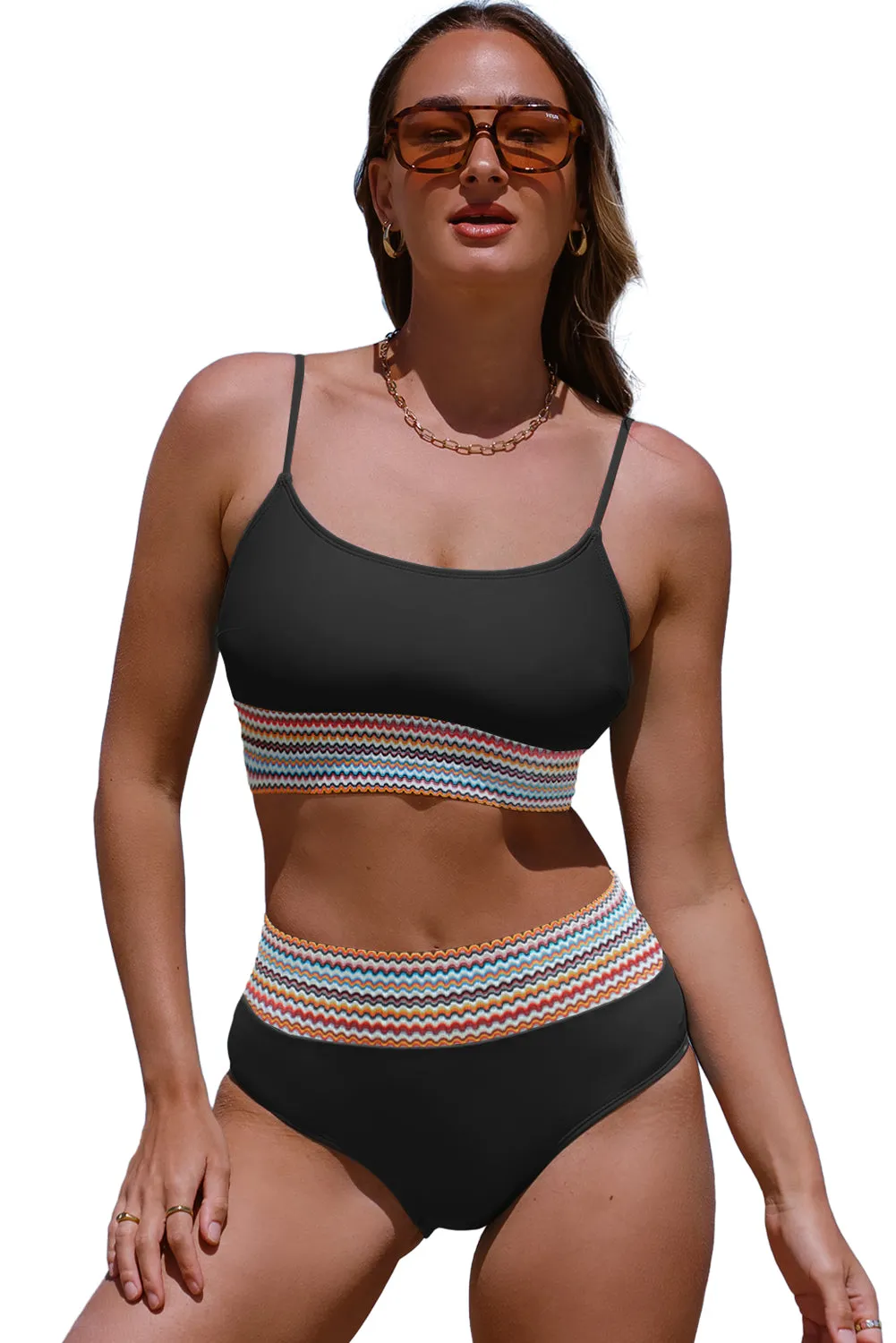 Black Striped Patchwork Spaghetti Strap High Waist Bikini Swimsuit