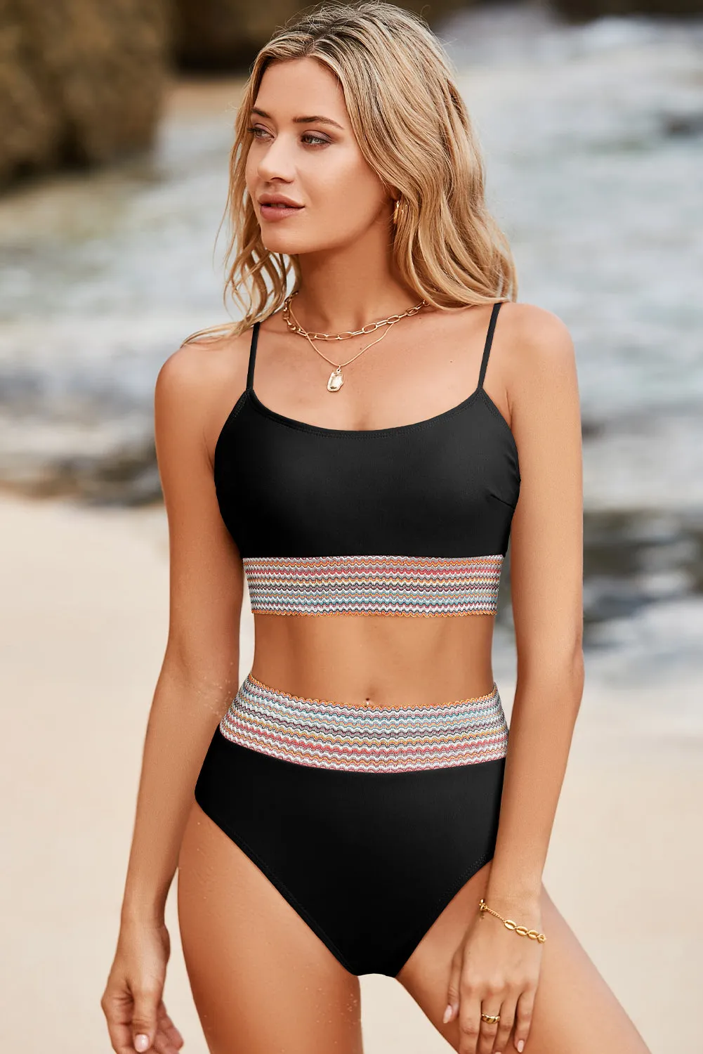 Black Striped Patchwork Spaghetti Strap High Waist Bikini Swimsuit
