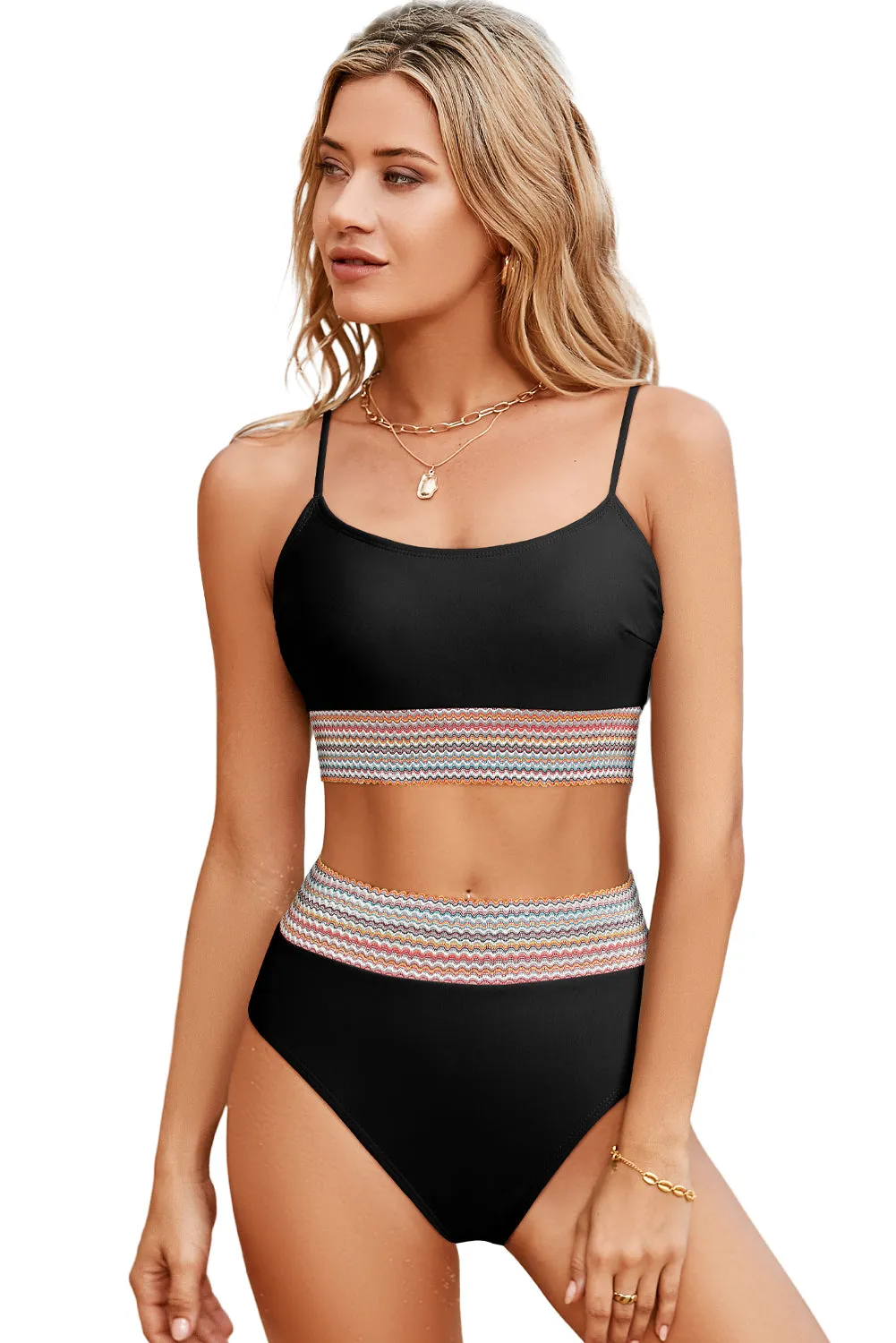 Black Striped Patchwork Spaghetti Strap High Waist Bikini Swimsuit