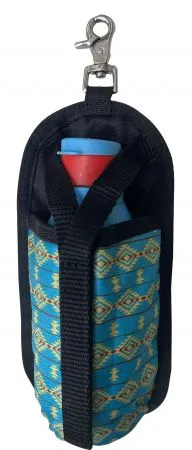 Blue and yellow aztec print nylon bottle holder with scissor snap attachment