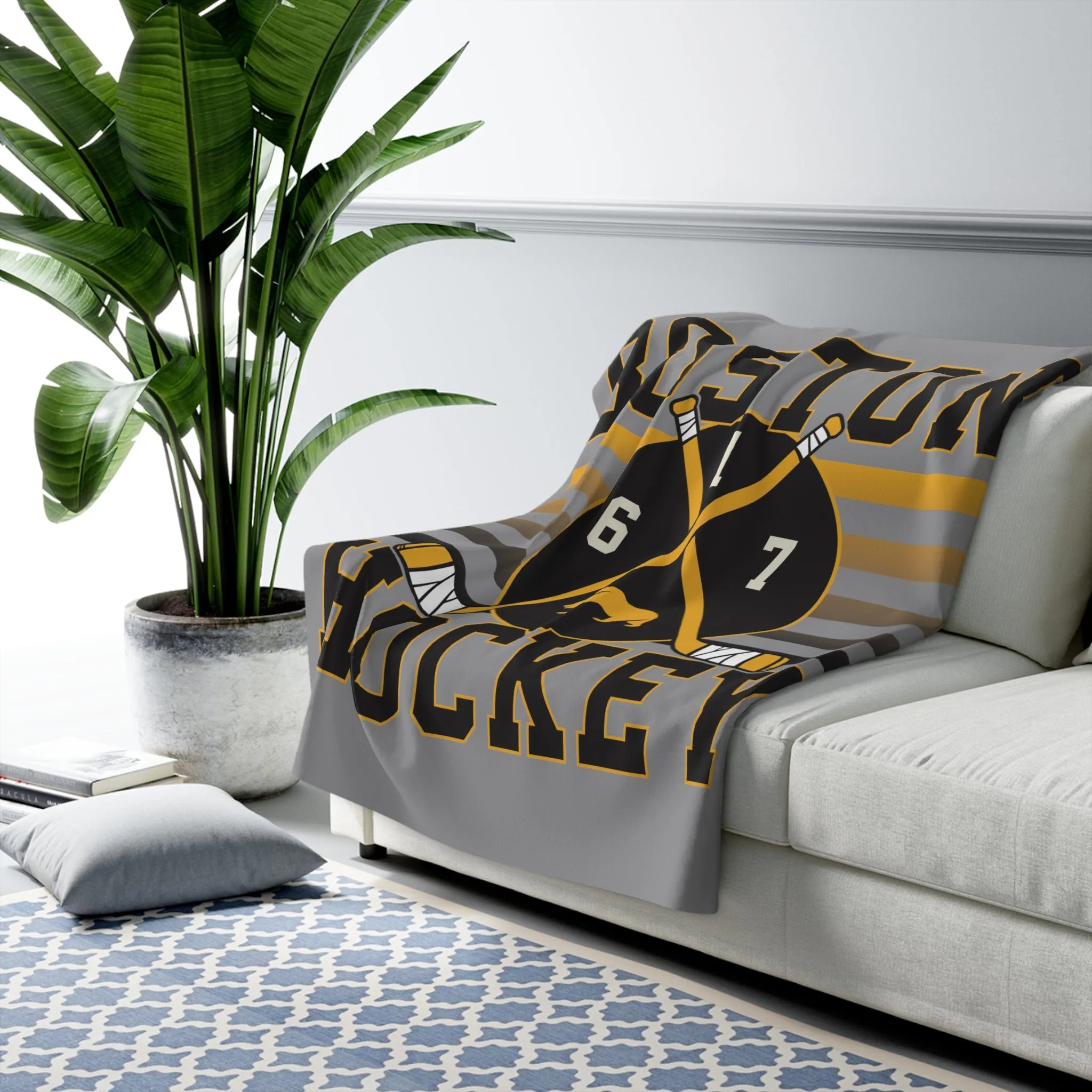 Boston Hockey Crossed Sticks Sherpa Fleece Blanket