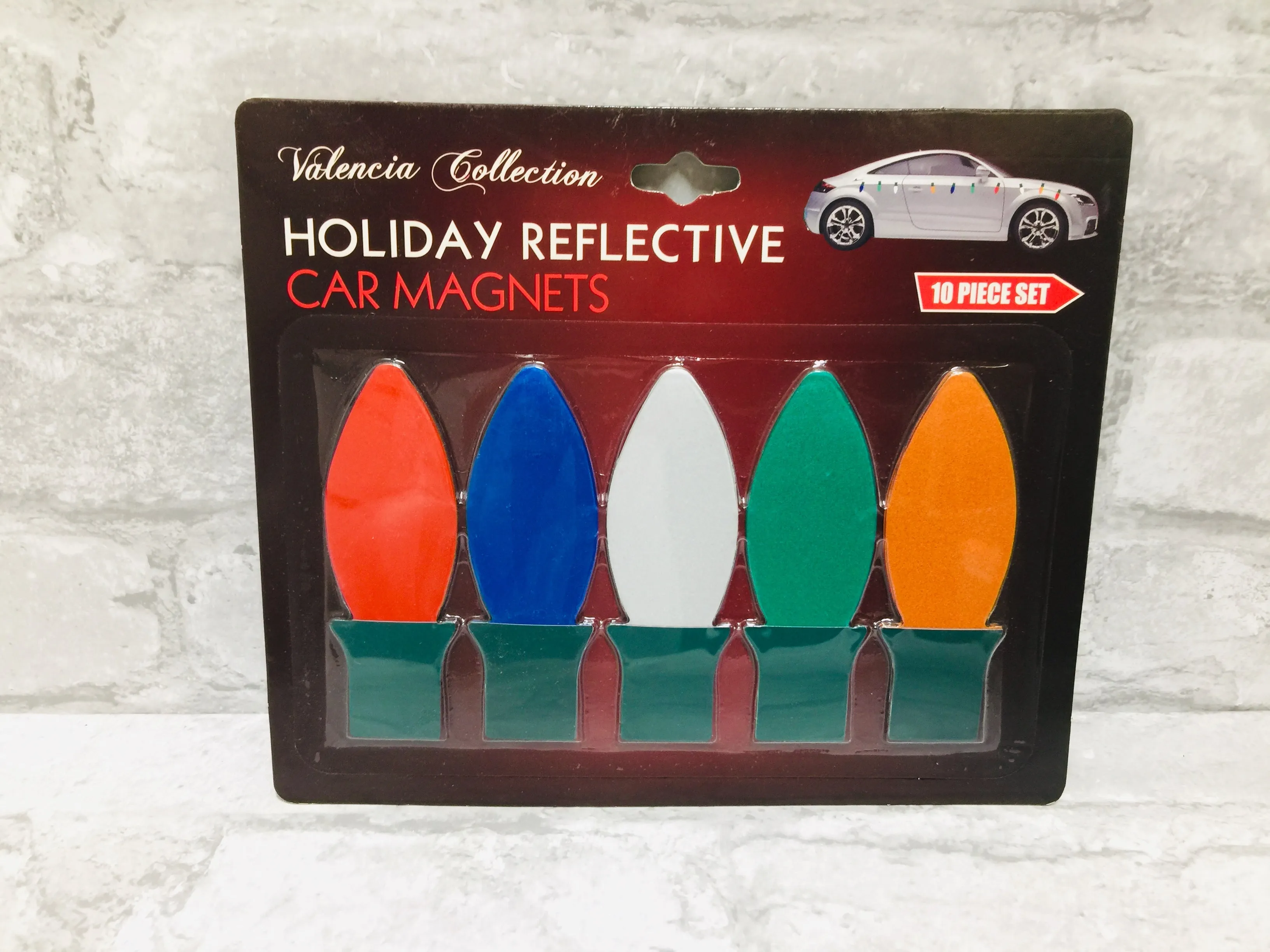 Brand new in package! 10 Piece set of Holiday Reflective Car Magnets! These magnets are great for indoors or outdoors and can be used again and again!
