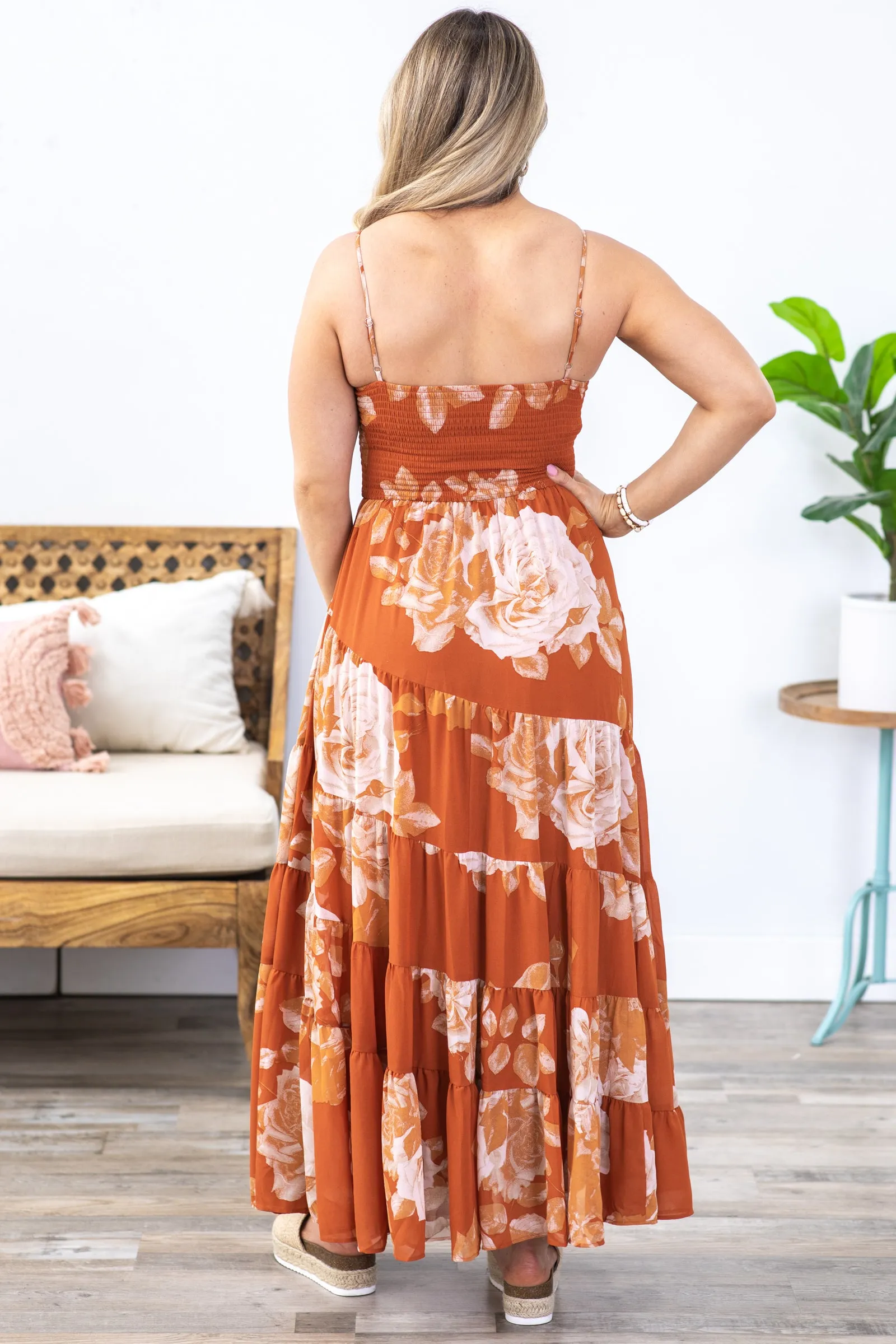 Burnt Orange Floral Spiral Tiered Maxi Dress