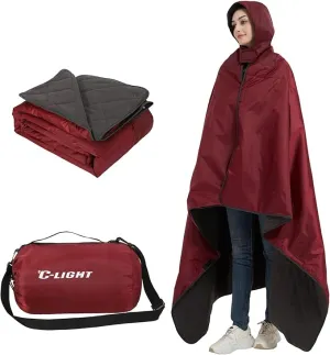 C-LIGHT Outdoor Hooded Blanket, Wearable Stadium Blankets Waterproof Windproof, Emergency Warm Blanket for Rain&Cold Weather - Perfect for Picnic, Camping, Outdoor Sports, Stadium,Beach (WineRed)