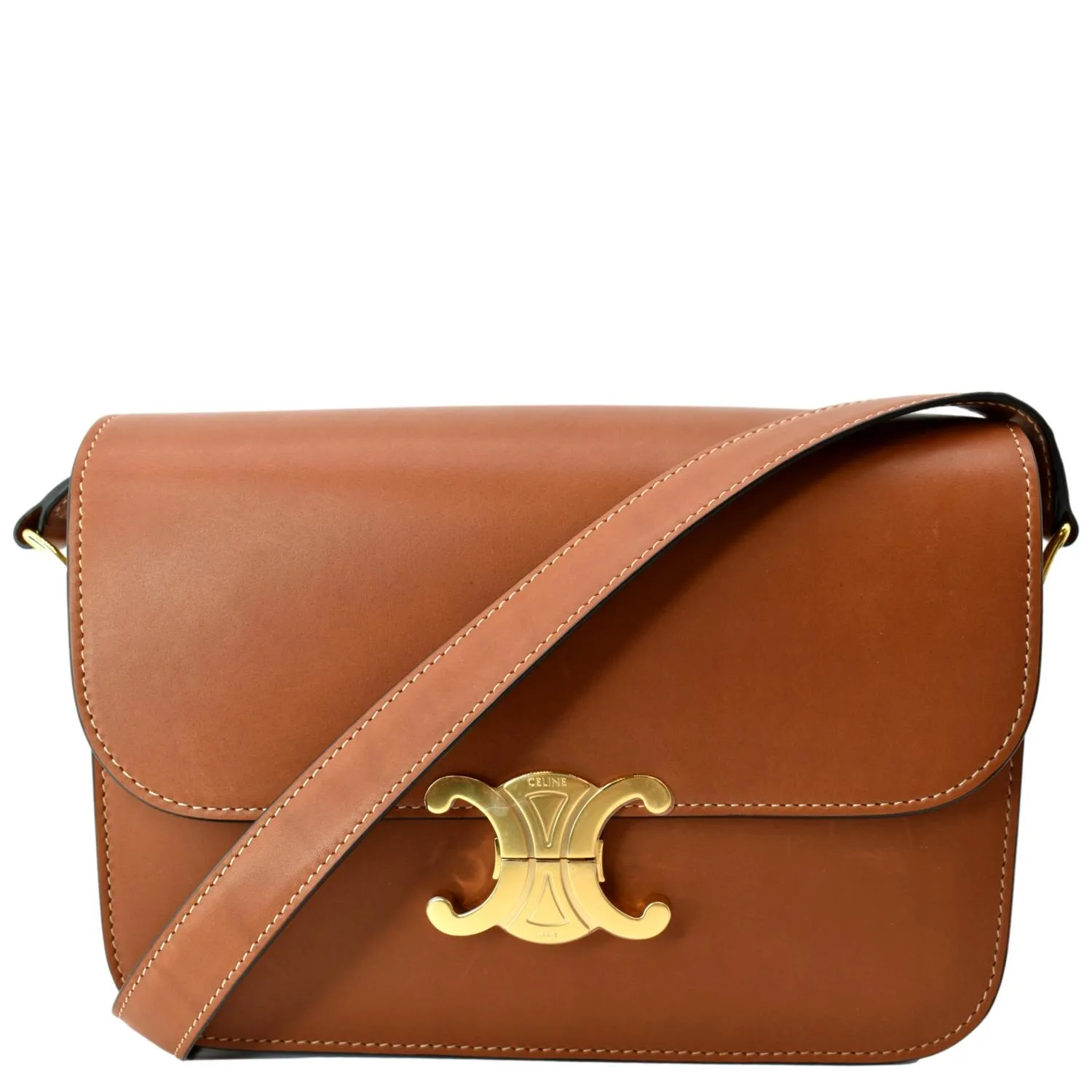 CELINE Classique Triomphe Calfskin Leather Shoulder Bag Tan