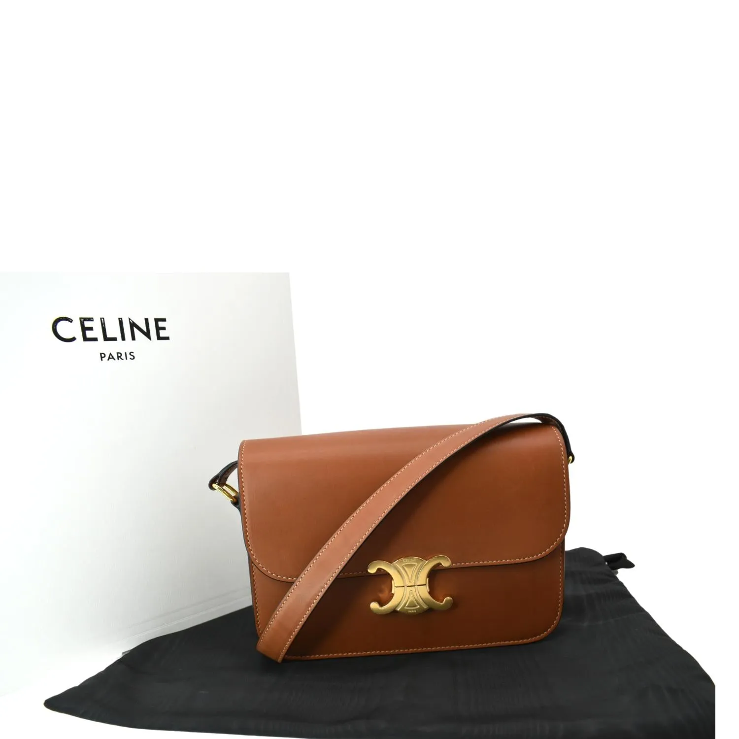 CELINE Classique Triomphe Calfskin Leather Shoulder Bag Tan