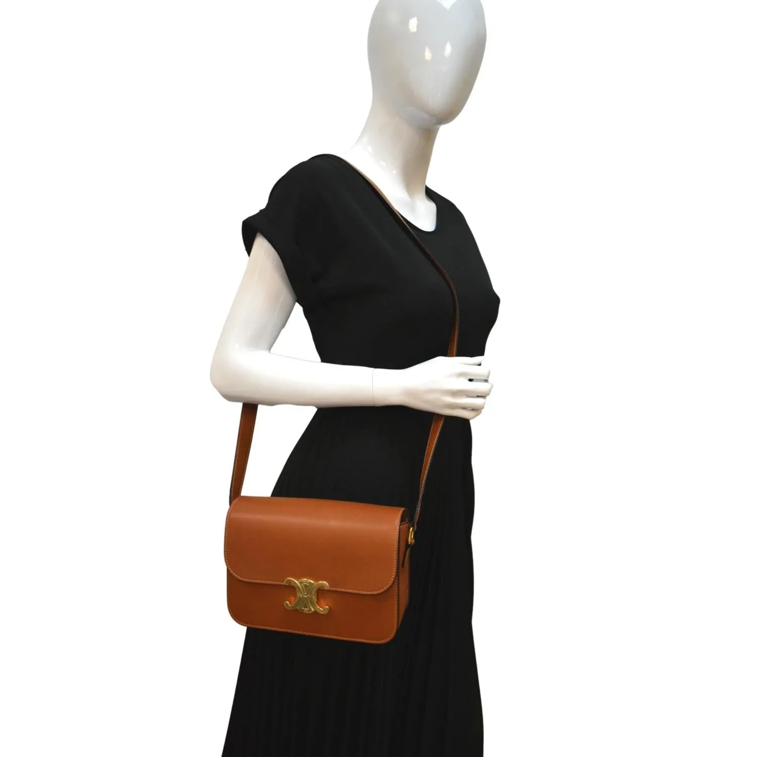 CELINE Classique Triomphe Calfskin Leather Shoulder Bag Tan