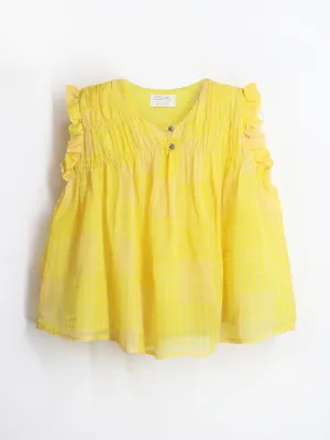 Cherry Crumble Smart Casual Mustard Cotton Blend  Round Neck with Button closure Smockey Top For Girls