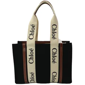 CHLOE Medium Woody Calfskin Canvas Tote Bag Black