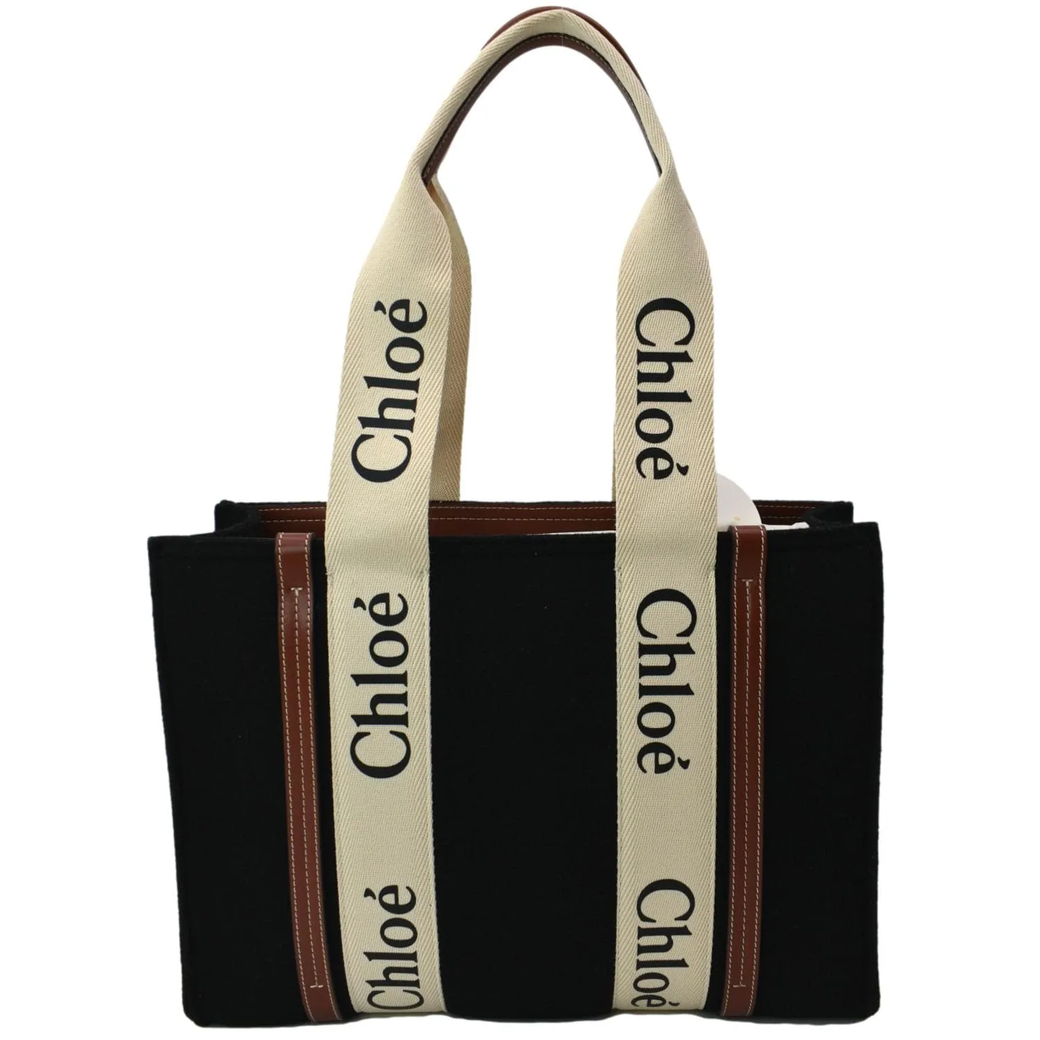 CHLOE Medium Woody Calfskin Canvas Tote Bag Black