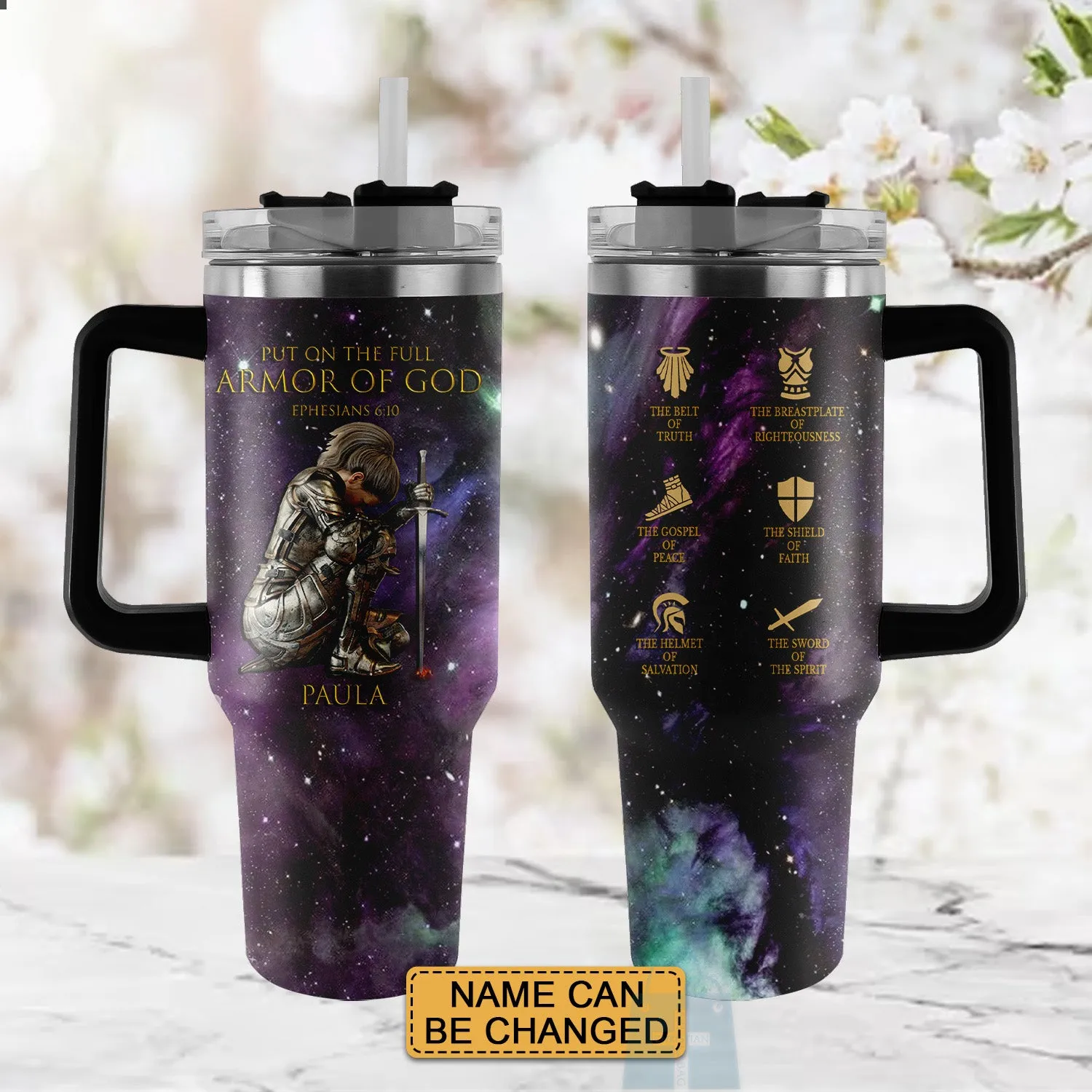 Christianartbag Drinkware, Put On The Full Armor Of God Personalized Tumbler With Handles, Personalized Tumbler With Handles, Tumbler, Christmas Gift, CABDR 01210124.