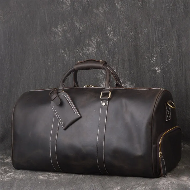 Classic Leather Weekender Duffel Bag Travel Bag, Black/Brown/Dark Brown