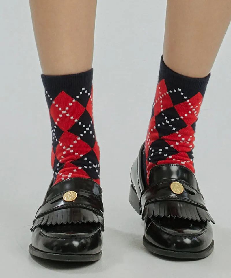 CREVE NINE: Argyle Middle Socks - Red