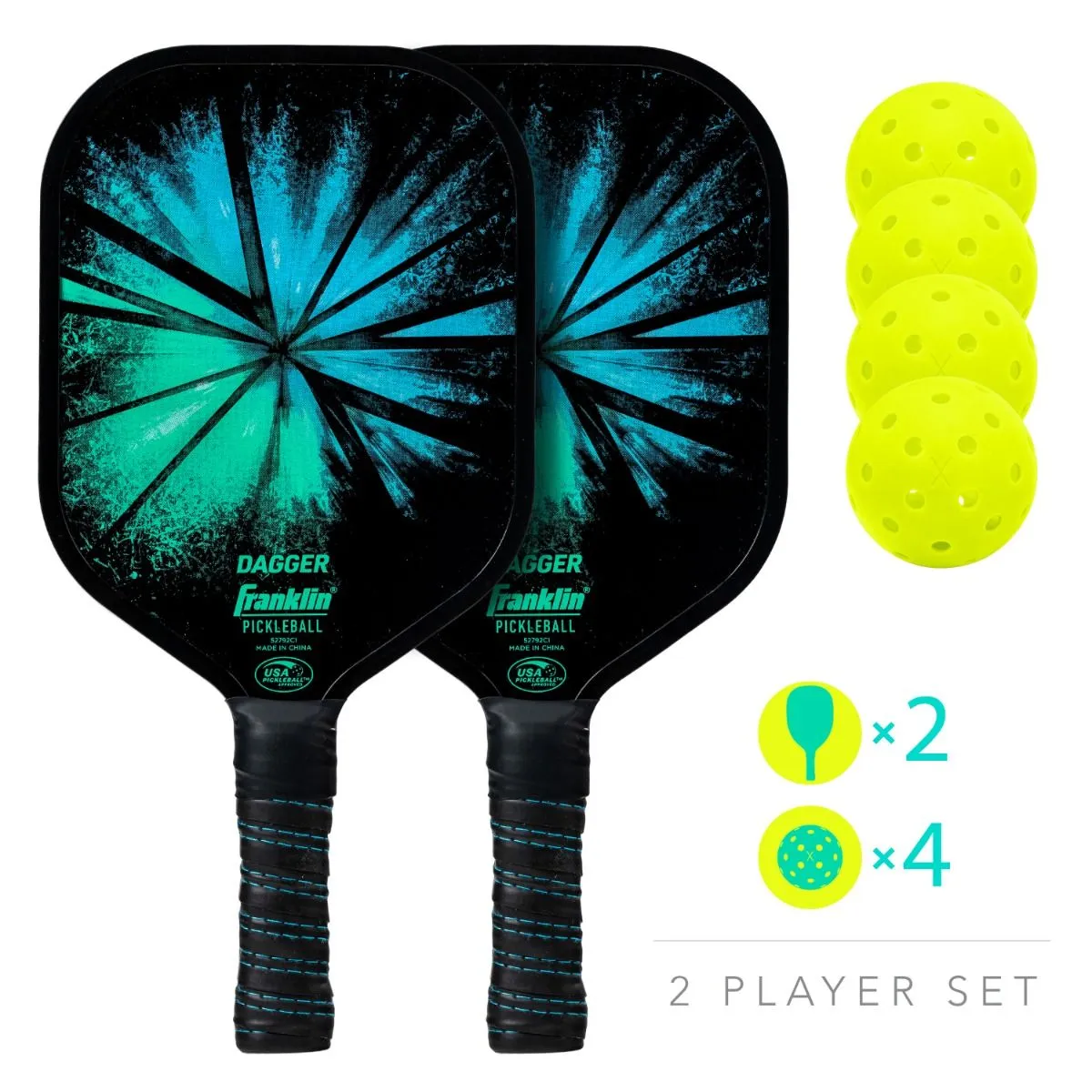 Dagger Fiberglass Pickleball Paddles and Balls - 2 Player Set