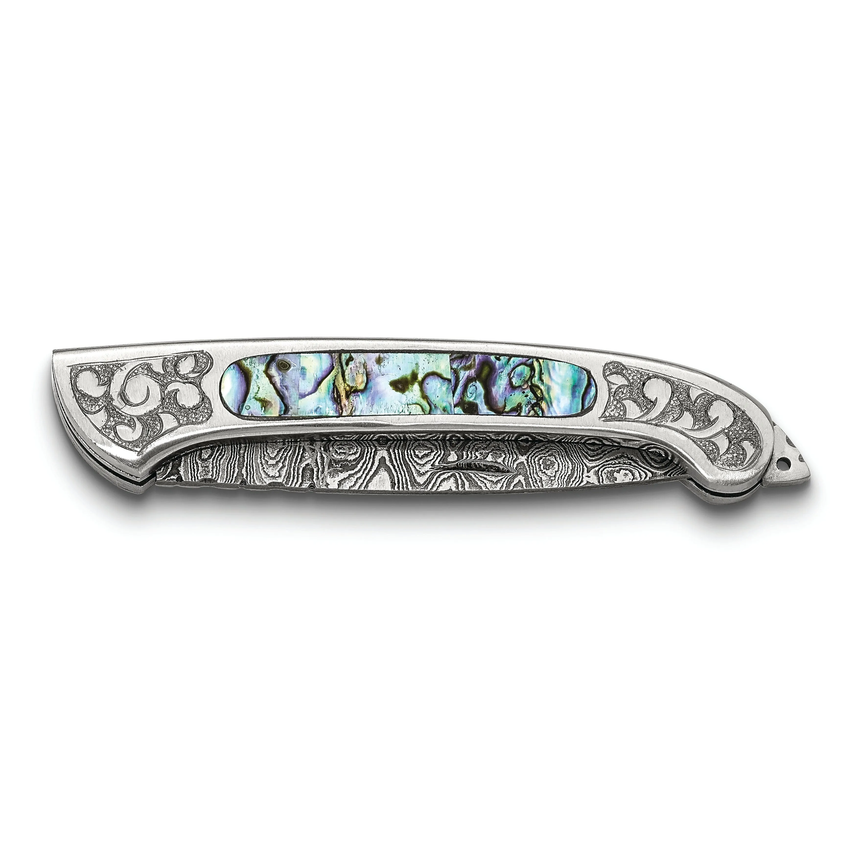 Damascus Steel 256 Layer Folding Blade Abalone Inlay Handle Knife