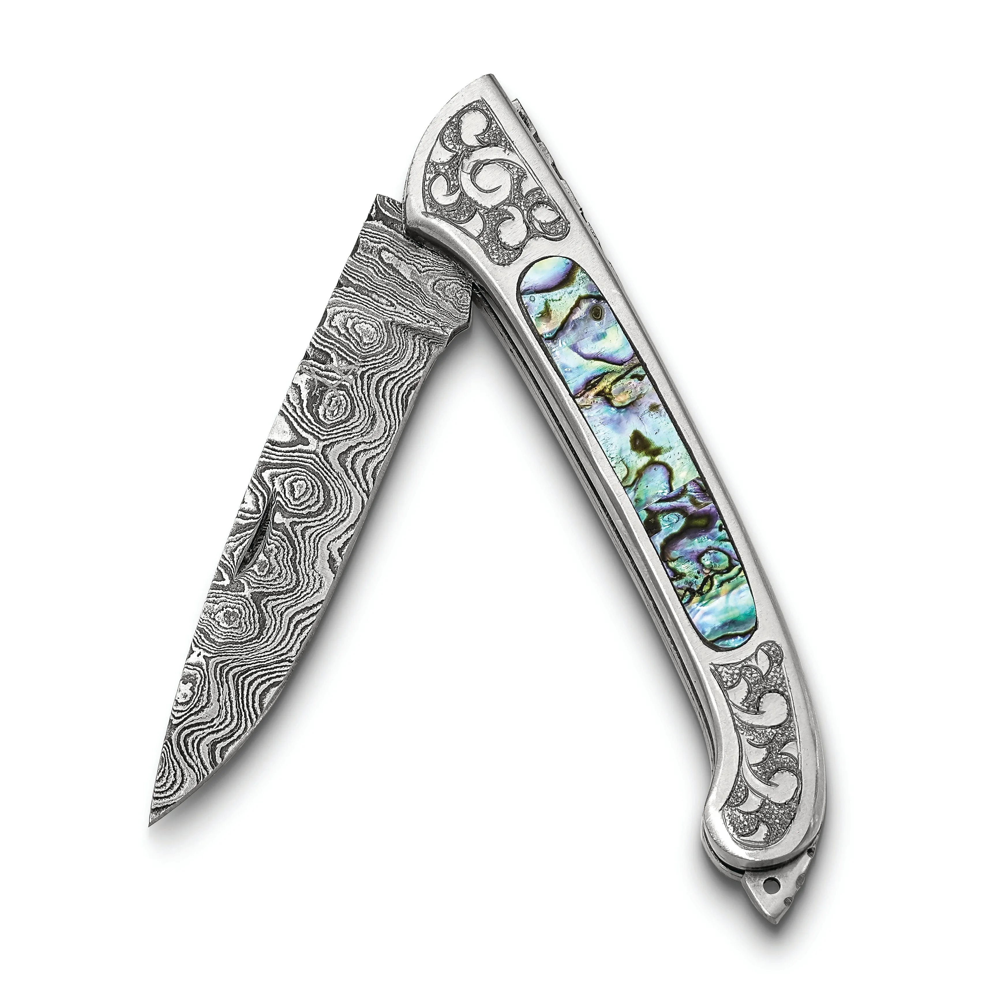 Damascus Steel 256 Layer Folding Blade Abalone Inlay Handle Knife