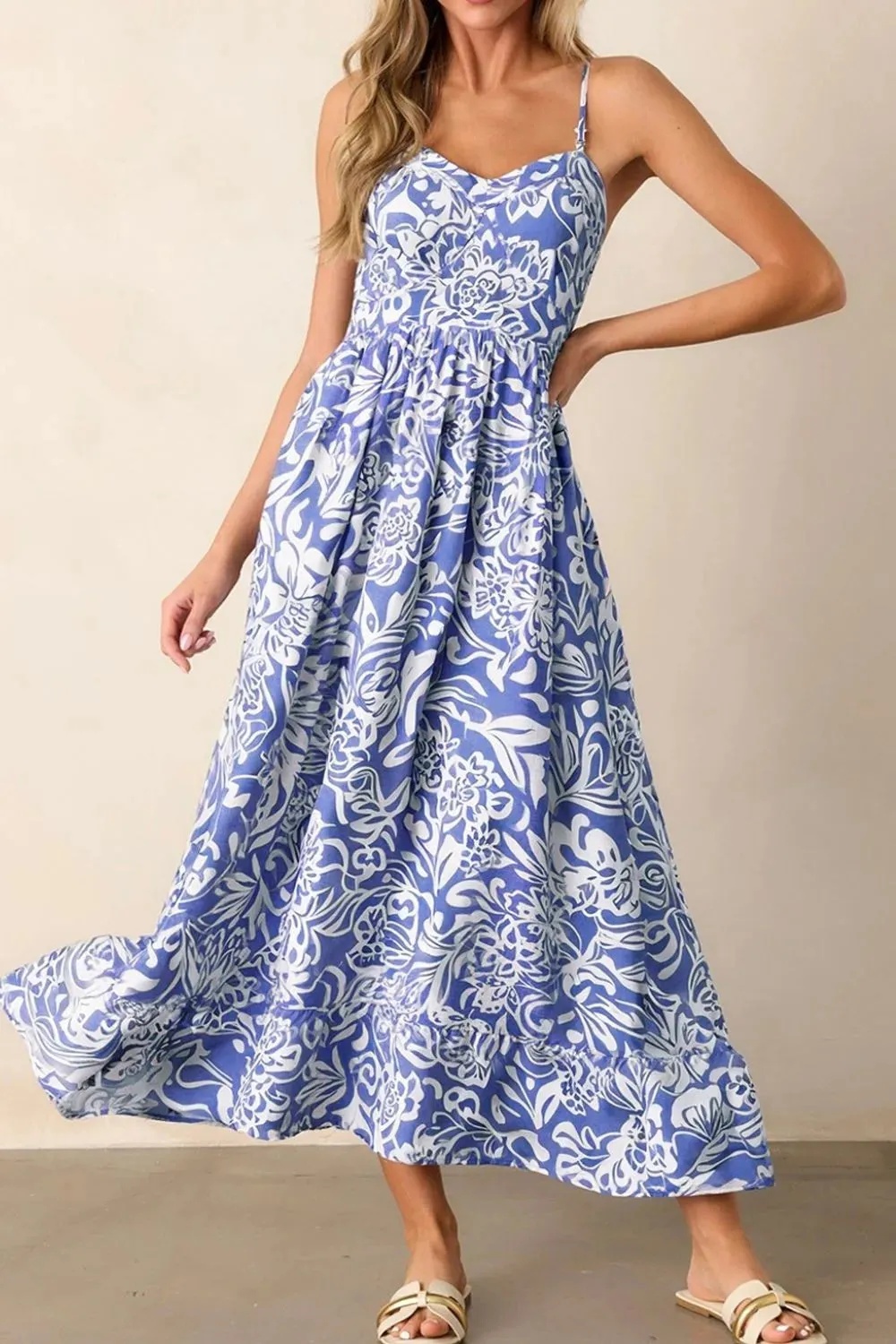Floral Print Spaghetti Strap High Waist Dress