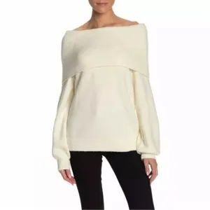 Free People Echo Beach Knit Fold Over Cowl Neck Sweater IVORY