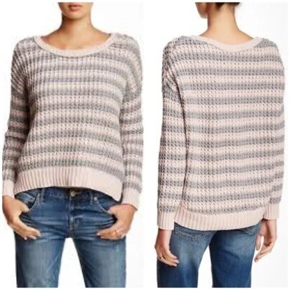 Free People Sweater Women’s Size Medium Pink Gray At The Beach Striped Sweater