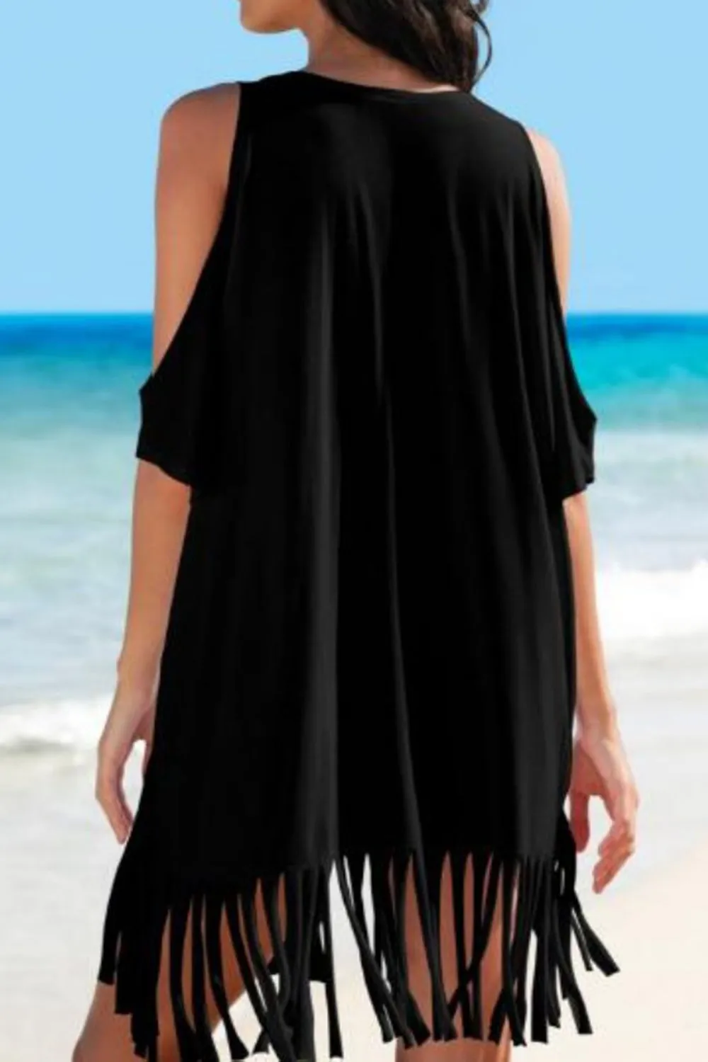 Fringe V-Neck Cold Shoulder Cover Up (2 Colors)