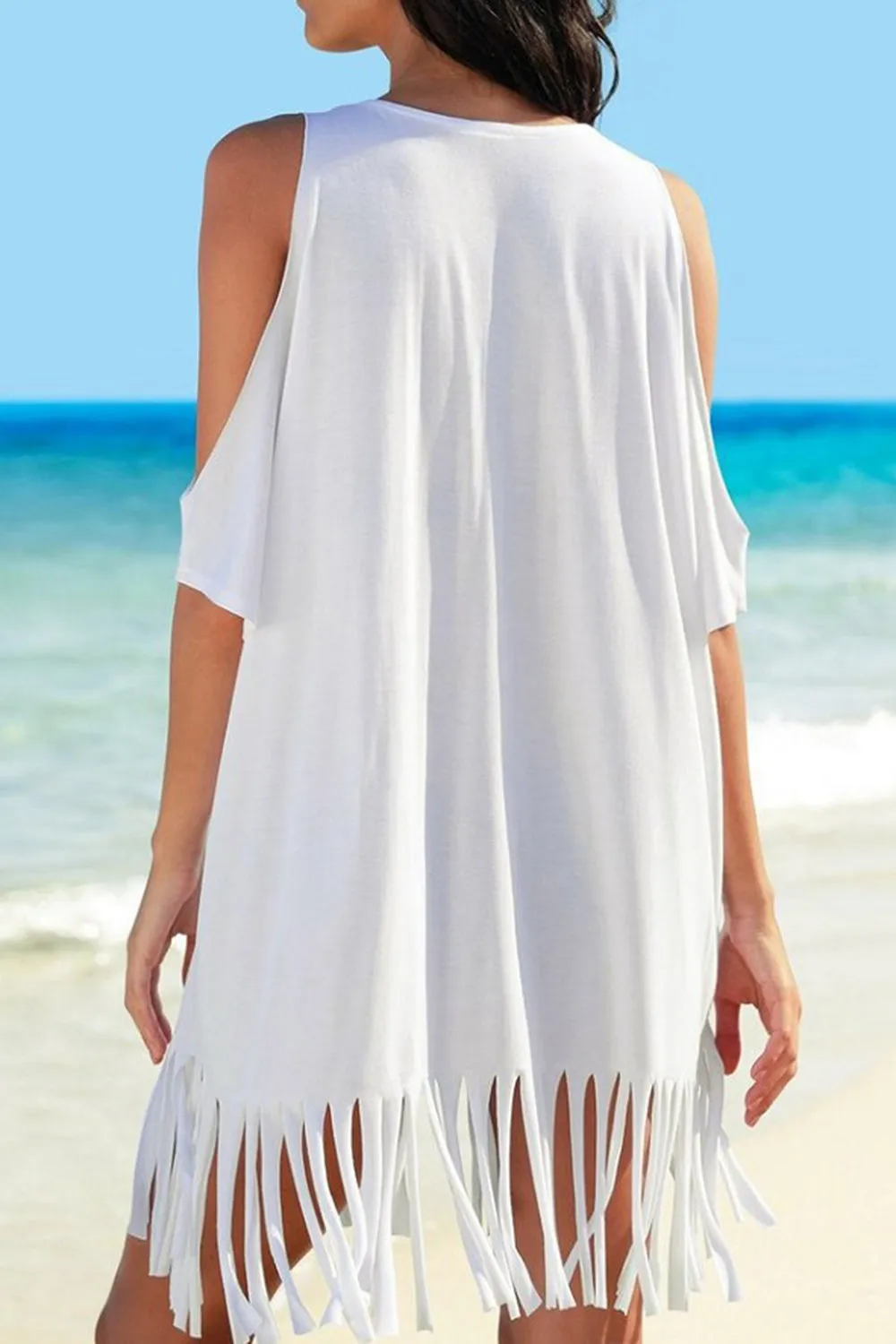 Fringe V-Neck Cold Shoulder Cover Up (2 Colors)
