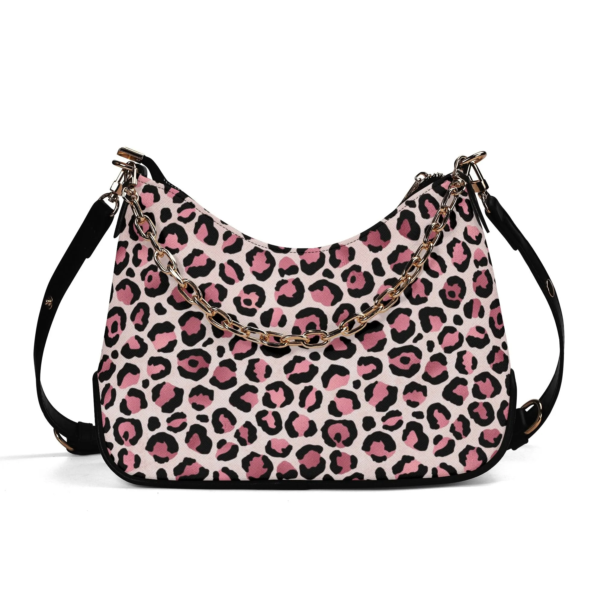 Gold Leopard Pattern Faux Leather Shoulder Bag with Chain Accent