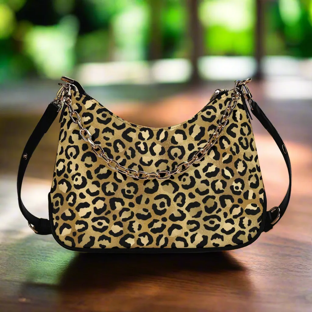Gold Leopard Pattern Faux Leather Shoulder Bag with Chain Accent