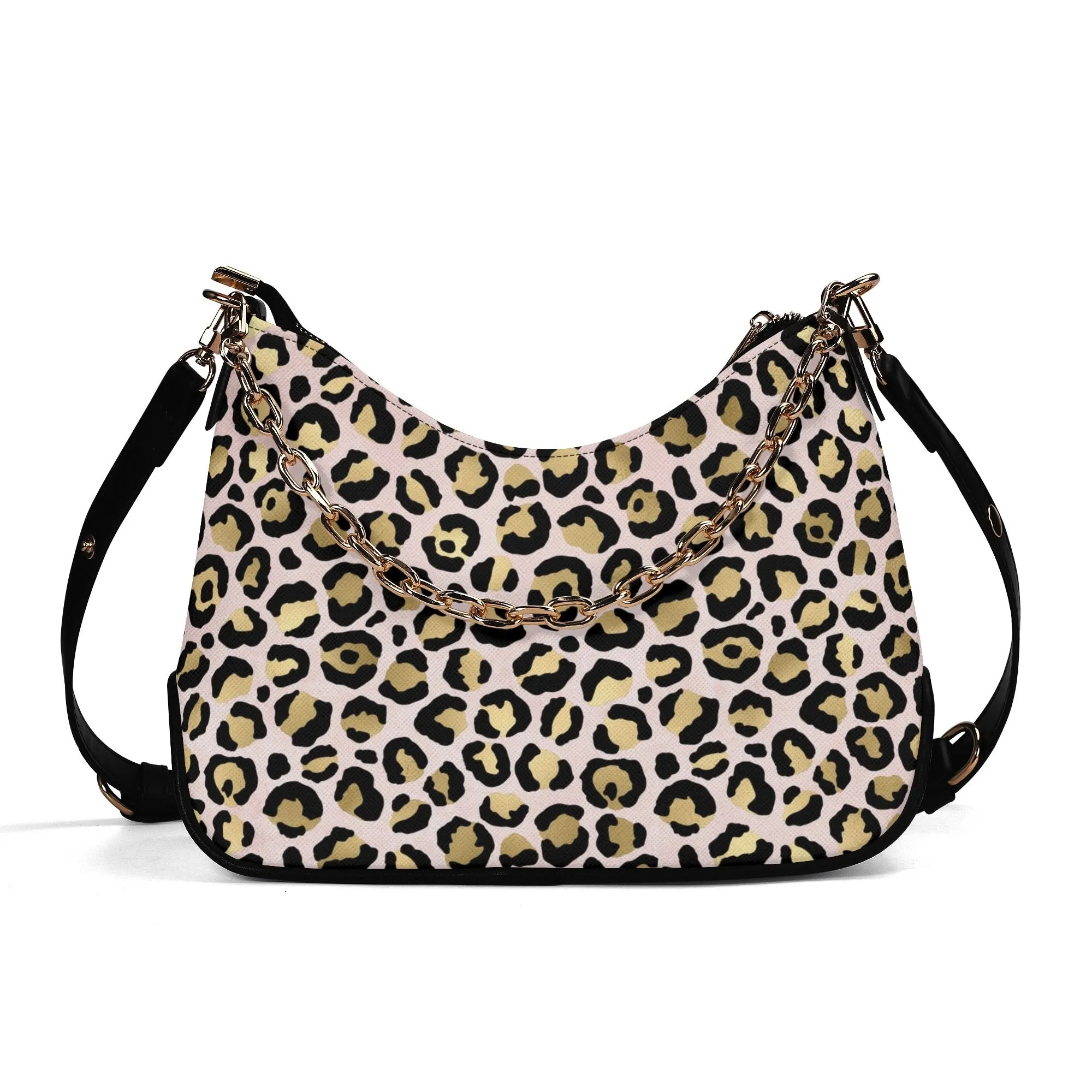 Gold Leopard Pattern Faux Leather Shoulder Bag with Chain Accent