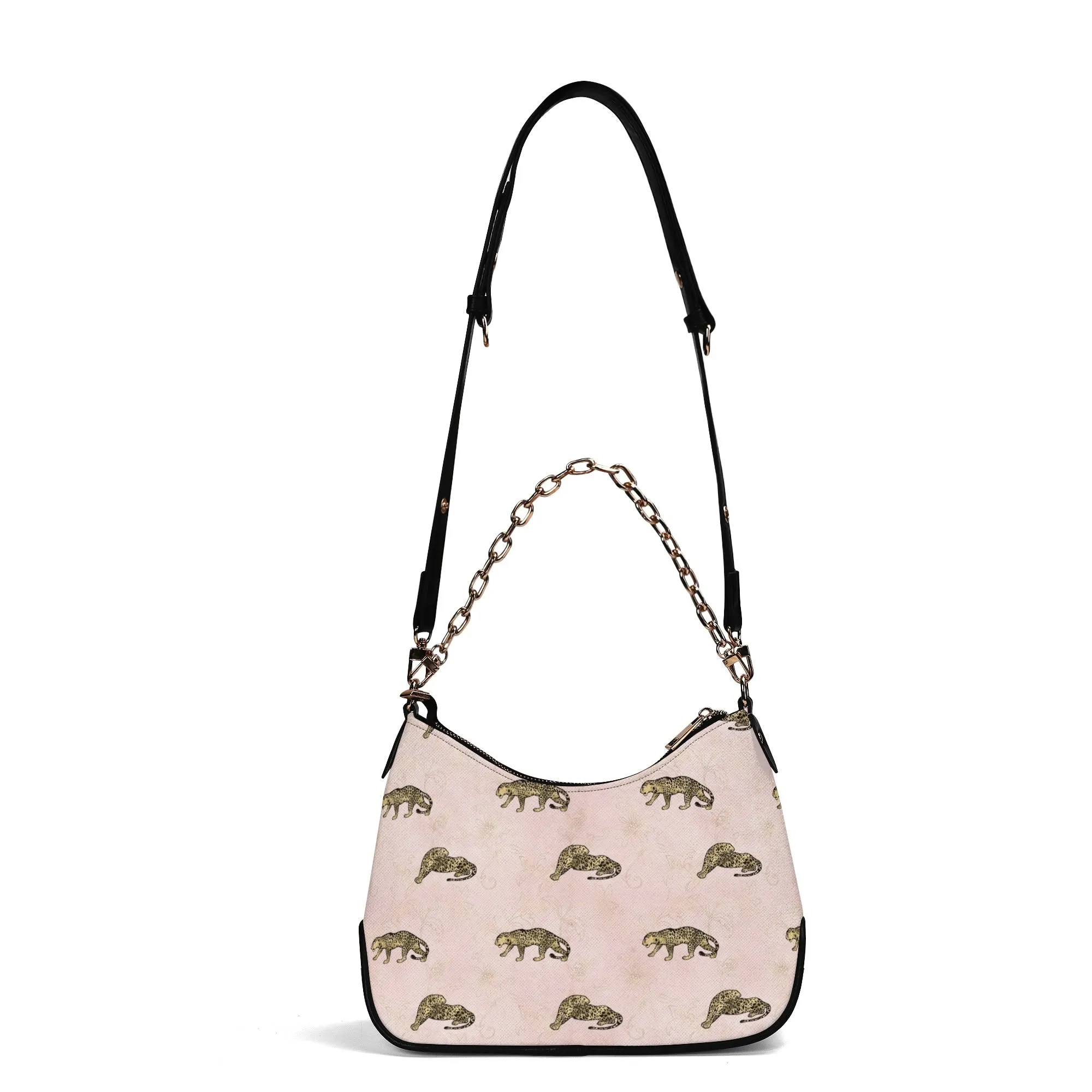Gold Leopard Pattern Faux Leather Shoulder Bag with Chain Accent