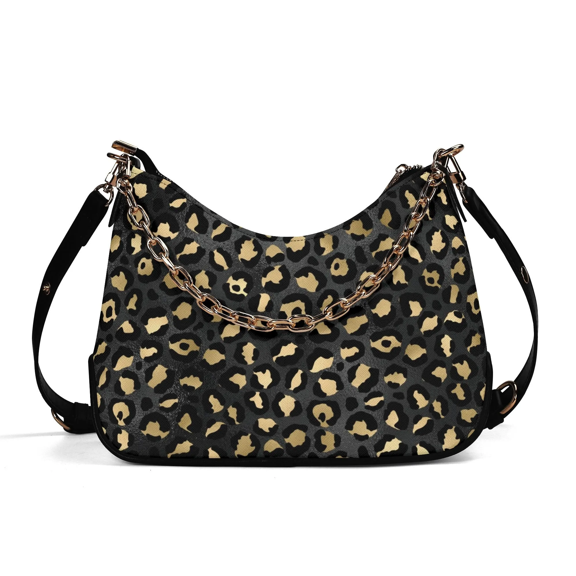 Gold Leopard Pattern Faux Leather Shoulder Bag with Chain Accent
