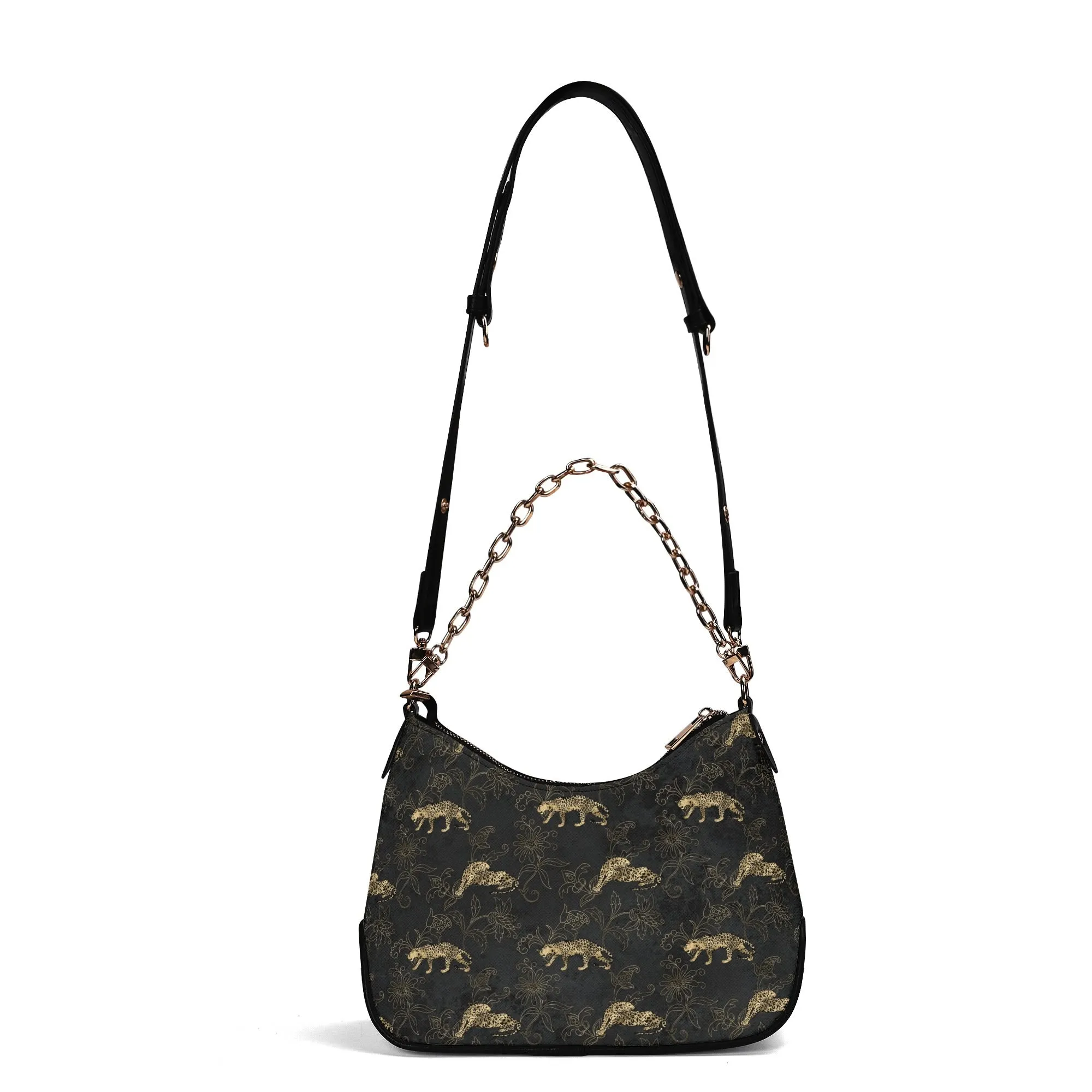 Gold Leopard Pattern Faux Leather Shoulder Bag with Chain Accent