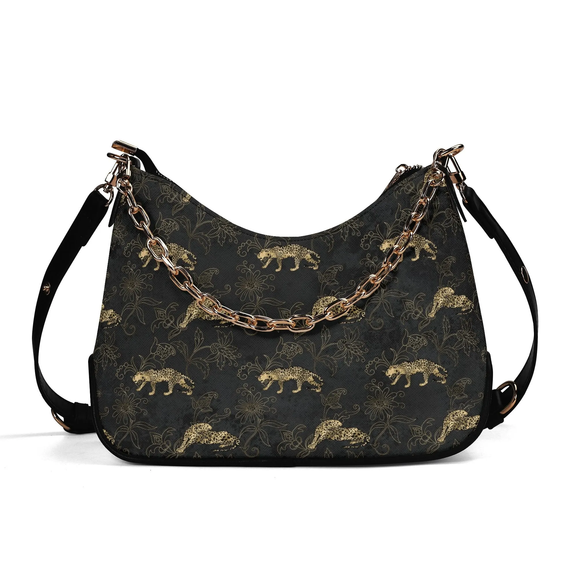 Gold Leopard Pattern Faux Leather Shoulder Bag with Chain Accent