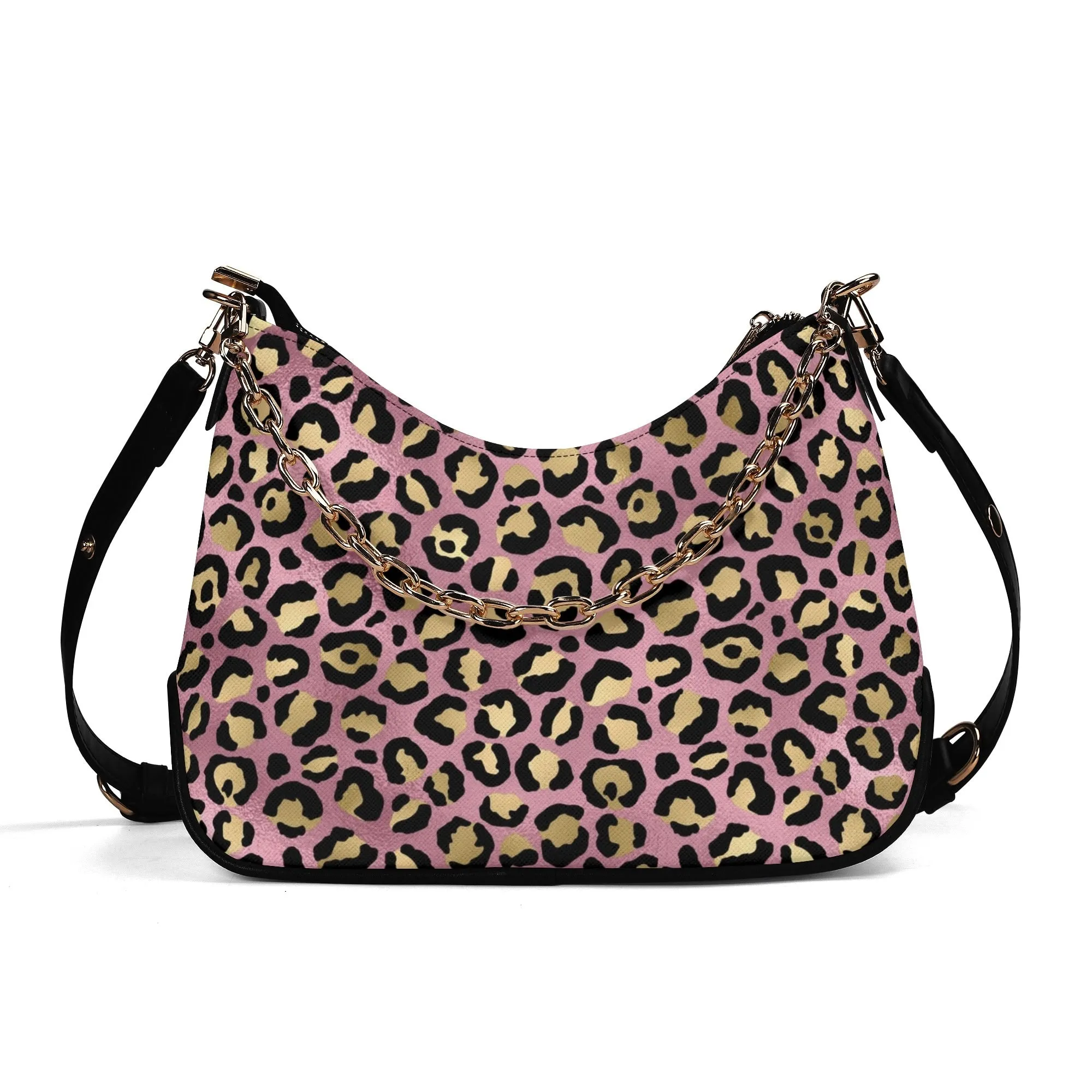 Gold Leopard Pattern Faux Leather Shoulder Bag with Chain Accent