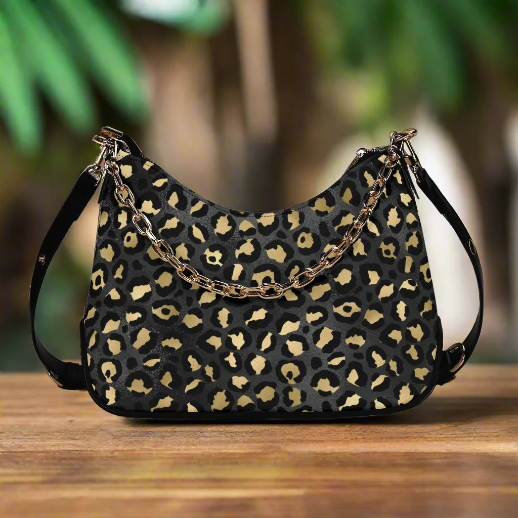 Gold Leopard Pattern Faux Leather Shoulder Bag with Chain Accent
