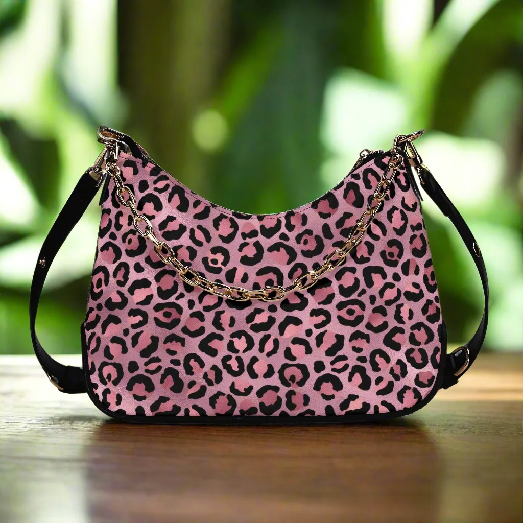 Gold Leopard Pattern Faux Leather Shoulder Bag with Chain Accent
